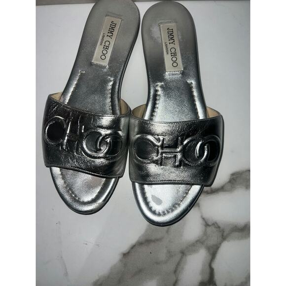 Jimmy Choo Women's Metallic Silver Slide Sandals - Size 37.5 - Picture 2 of 4